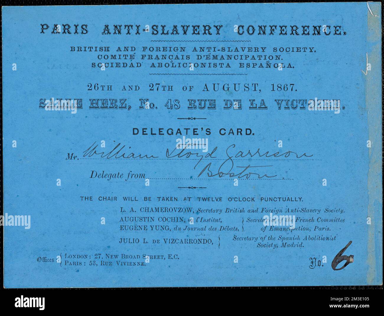 Lettera della Conferenza Anti-Slavery, [Parigi, Francia], a William Lloyd Garrison, 1867 agosto 26-27 , abolizionisti, Stati Uniti, 19th ° secolo, corrispondenza, Movimenti antischiavista, Stati Uniti, Storia, 19th ° secolo, riformatori sociali, Stati Uniti, Storia, 19th ° secolo, abolizionisti, Stati Uniti, Storia, 19th ° secolo, movimenti antischiavista, Stati Uniti, riformatori sociali, Stati Uniti, Garrison, Francis Jackson, 1848-1916, Garrison, William Lloyd, 1805-1879, Villard, Fanny Garrison, 1844-1928, Conferenza anti-schiavitù 1867 : Parigi, Francia Foto Stock