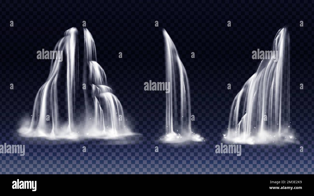 Cascate cascata, isolato su sfondo trasparente. Vector realistic acqua di fiume caduta con spruzzi e nebbia. Set di flussi liquidi, flusso di acqua pura, doccia o pioggia Illustrazione Vettoriale