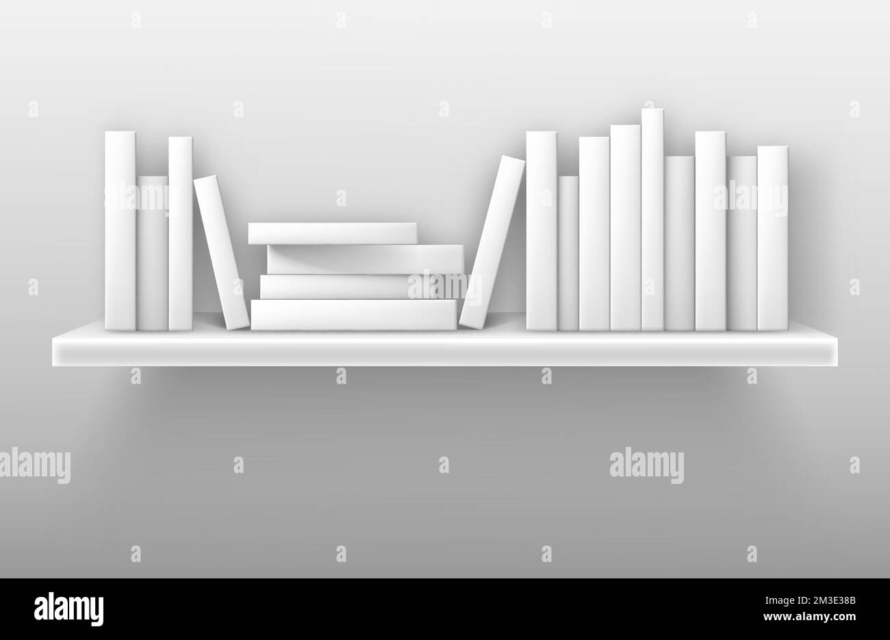 Mockup bianco libreria, libri su scaffale in biblioteca, casa, scuola o ufficio interno. Volumi con supporto per il libro cartaceo vuoto in fila e giacente in pila su rack appeso a parete, realistico vettore 3d mock up Illustrazione Vettoriale
