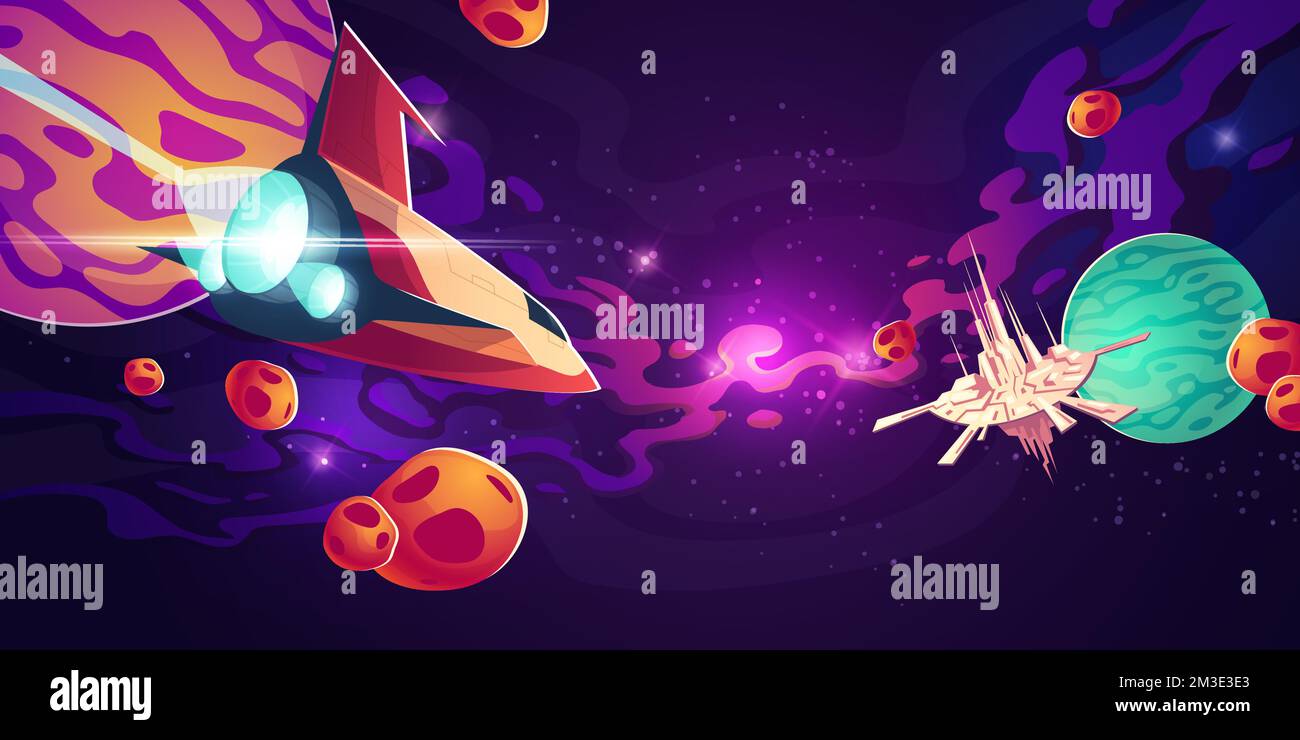 Astronave nello spazio esterno con pianeti in cielo stellato con nebulosa e galassia volante città o stazione con alte torri. COSMOS, universo futuristico fantasia vista per pc gioco. Illustrazione vettoriale cartoon Illustrazione Vettoriale