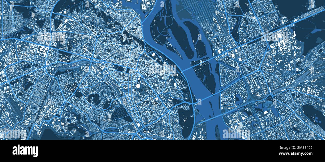 Mappa blu della città di Kiev. Fiume Dnieper, edifici, foreste, strade, ferrovia. Capitale dell’Ucraina illustrazione vettoriale. Illustrazione Vettoriale