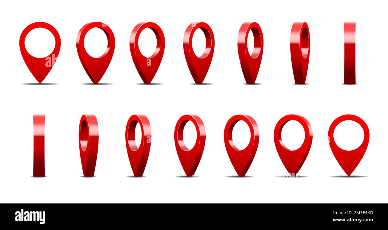 3d locator pin gioco animato o carta di viaggio sprite. Frame sequenza animazione rotazione punto rosso vettore, grafica ui per l'applicazione. Destinazione, navigazione o segno di direzione, posizione di geolocalizzazione Illustrazione Vettoriale