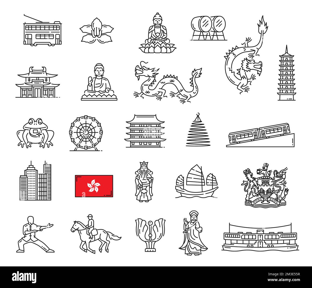Icone di Hong Kong e di contorno del viaggio. Tram doubledecker di Hong Kong, monumento e drago del buddha, pagoda, tempio e grattacielo del buddismo, bandiera, stemma, traghetto e funicolare, dea Mazu Illustrazione Vettoriale