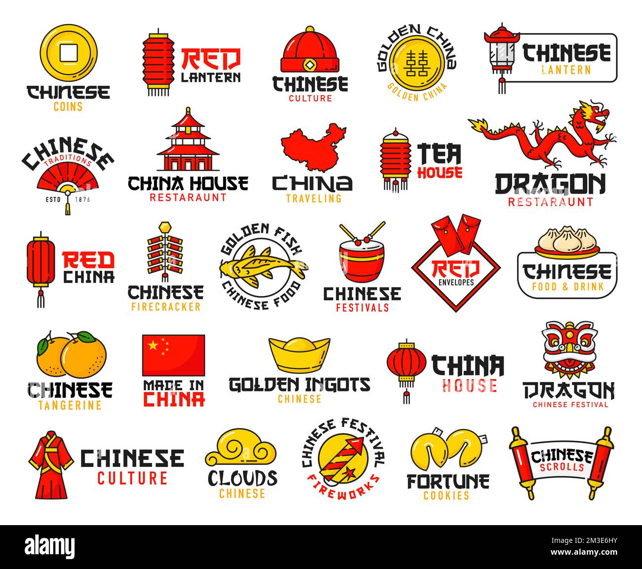 Cibo cinese, festa e religione icone linea. Ristorante di cucina asiatica, lanterna e busta rossa, maschera di drago, biscotti fortuna e fuochi d'artificio, pesce d'oro, bandiera della Cina e icone di contorno mappa Illustrazione Vettoriale