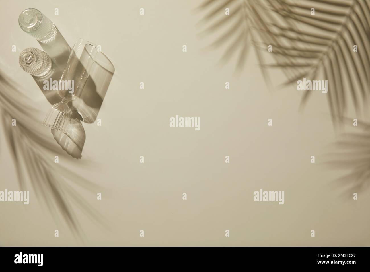 sfondo semplice, minimale e desaturato con foglie di palme e bottiglie di vetro a motivi geometrici con spazio copia al centro Foto Stock