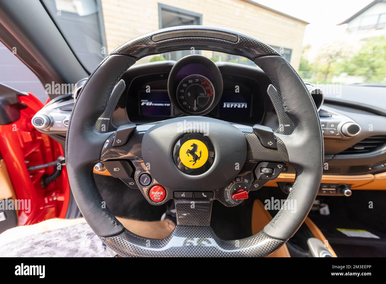 Slovenia, Lubiana - 2 giugno 2022: Red Ferrari F8 Tributo Italian Luxury sports car interior Foto Stock