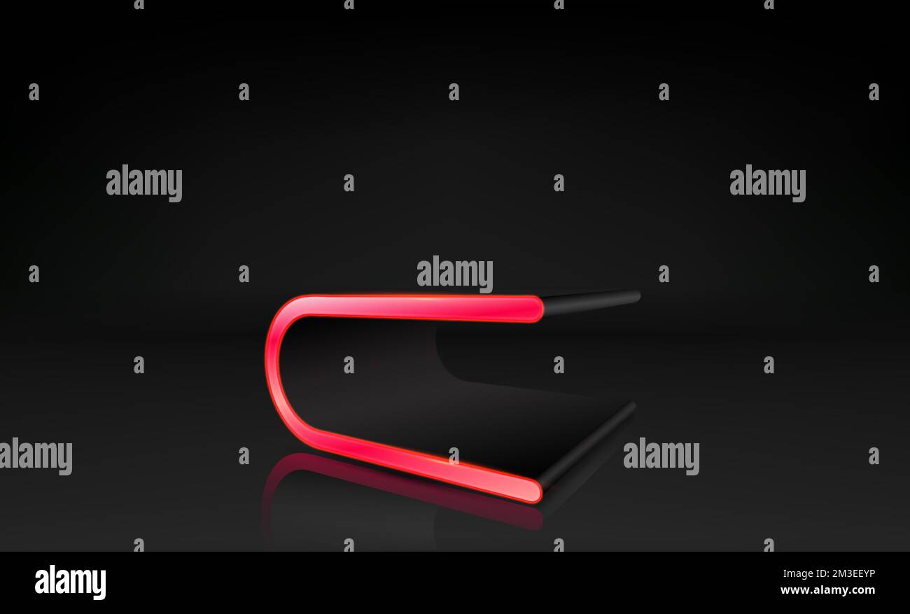 Podio tecnologico scuro per la presentazione dei prodotti. Futuristico piedistallo con piattaforma vuota sci-fi. Podio scientifico nero con luci al neon bianche. Vettore 3D Illustrazione Vettoriale