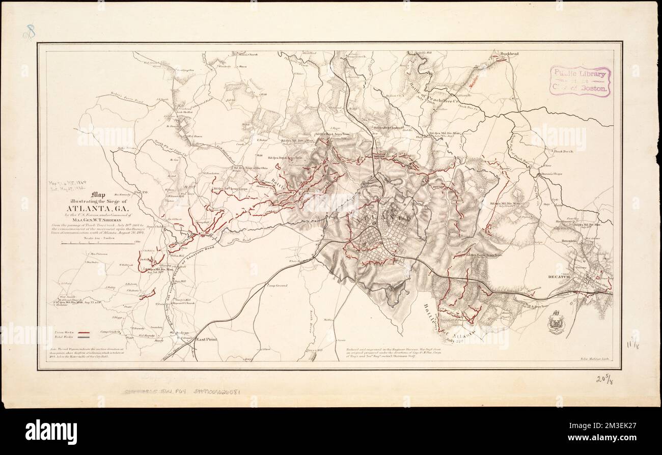 Mappa che illustra l'assedio di Atlanta, GA. Da parte delle forze statunitensi, sotto il comando del Gen. W.T. Sherman : dal passaggio di Peach Tree Creek, 19th luglio 1864 all'inizio del movimento sulle linee di comunicazione del nemico a sud di Atlanta, 26 agosto 1864 , Atlanta Campaign, 1864, Mappe, Atlanta GA., Storia, 19th ° secolo, Mappe, Sherman, William T. William Tecumseh, 1820-1891, 19 luglio 1864 – 26 agosto 1864 Norman B. Leventhal Map Center Collection Foto Stock