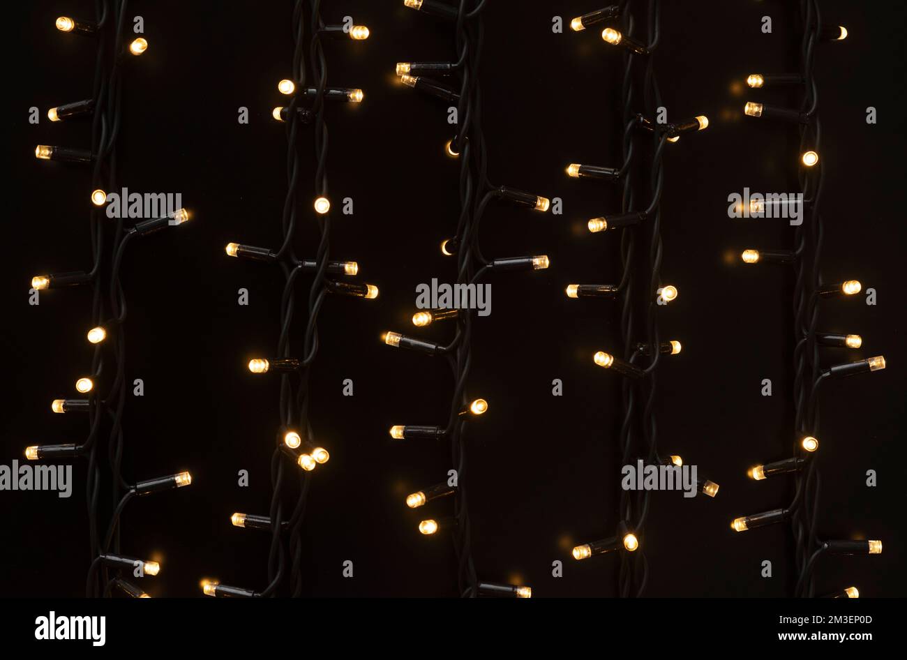 Natale cluster micro LED stringhe di luce calda, fata luce festosa decorazione su sfondo scuro Foto Stock