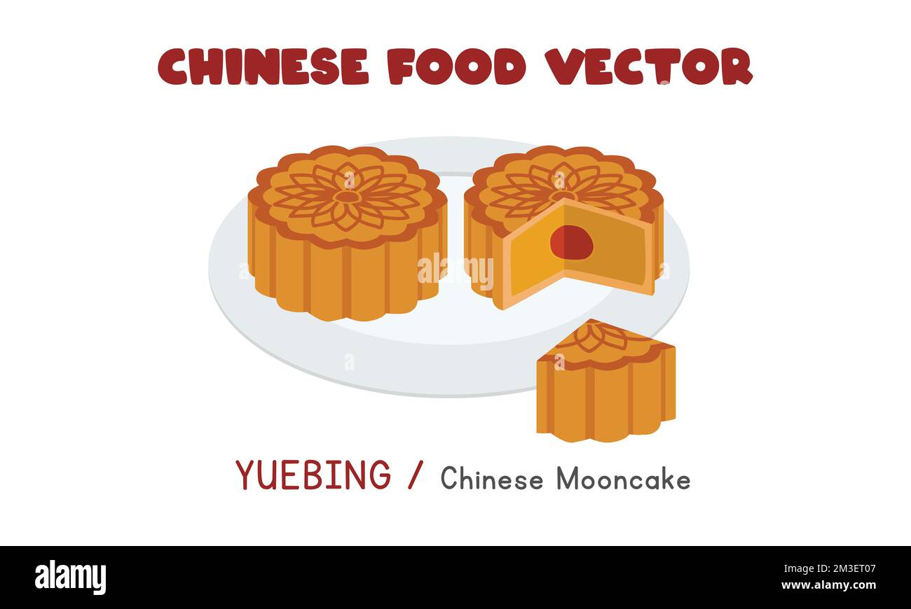 Yuebing cinese - Mooncake cinese cotto piatto disegno disegno illustrazione, stile di cartone animato clipart. Cibo asiatico. Cucina cinese. Cibo cinese Illustrazione Vettoriale