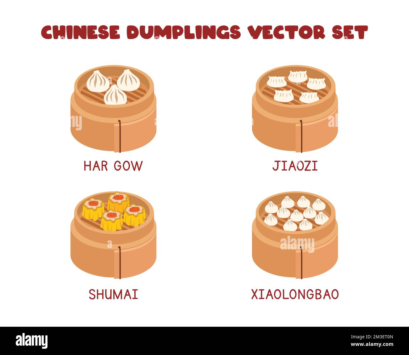 Set di gnocchi cinesi in bambù vaporizzatore disegno vettoriale illustrazione, clipart stile cartone animato. Har Gow, Dim Sum, Jiaozi, Xiaolongbao. Cibo asiatico Illustrazione Vettoriale