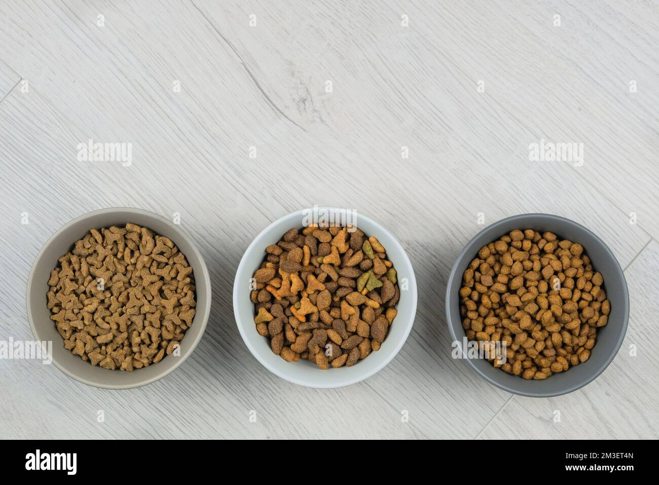 Cibo secco per gatti e cani in ciotole su uno sfondo di legno bianco. Vista dall'alto. Foto Stock