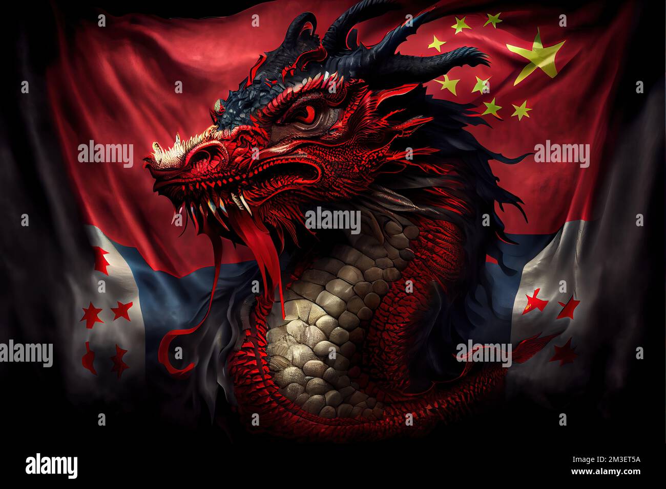 un drago rosso con testa nera e bandiera rossa dietro è uno sfondo nero e  una stella d'oro Foto stock - Alamy