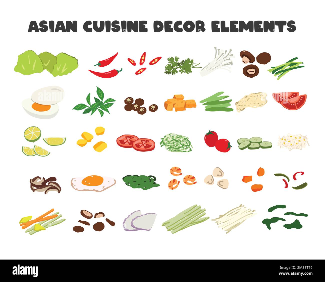 Set di elementi di arredamento Asiatico del cibo design vettoriale clipart. Peperoncino, verdure, carote, funghi, limone, pomodoro, uovo, patate, funghi enoki, tofu Illustrazione Vettoriale