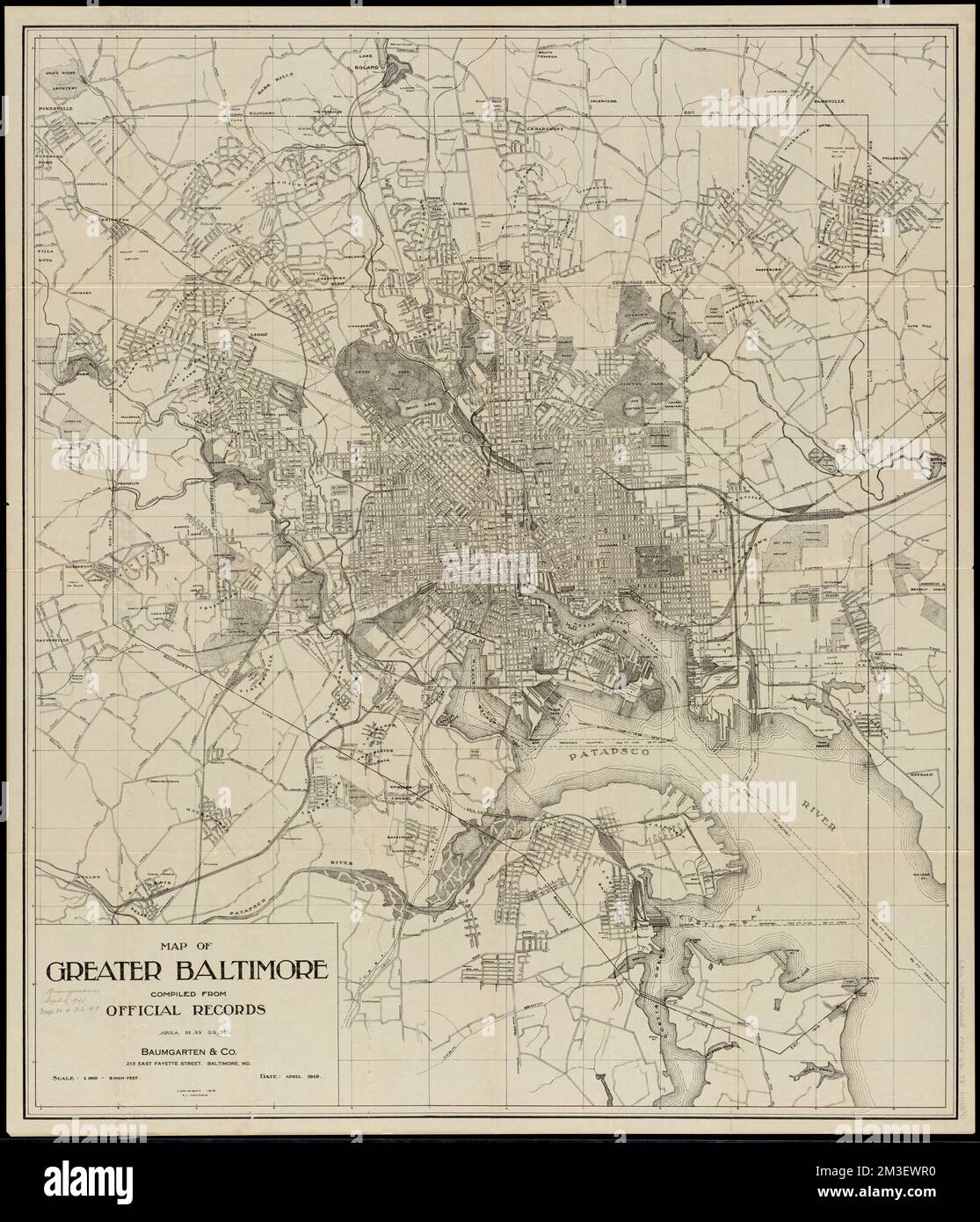 Mappa della Grande Baltimora, compilata da documenti ufficiali: Area 91,93 sq mi , Baltimore M., Mappe Norman B. Leventhal Map Center Collection Foto Stock