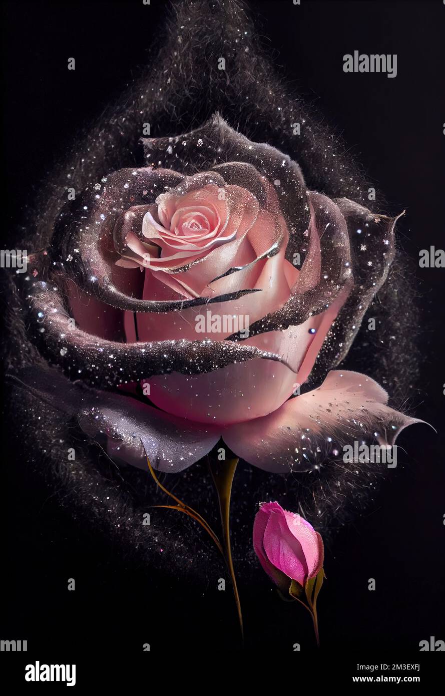 una rosa rosa con sfondo nero e stelle sui suoi petali e una rosa rosa con  sfondo nero e stelle sui suoi petali Foto stock - Alamy