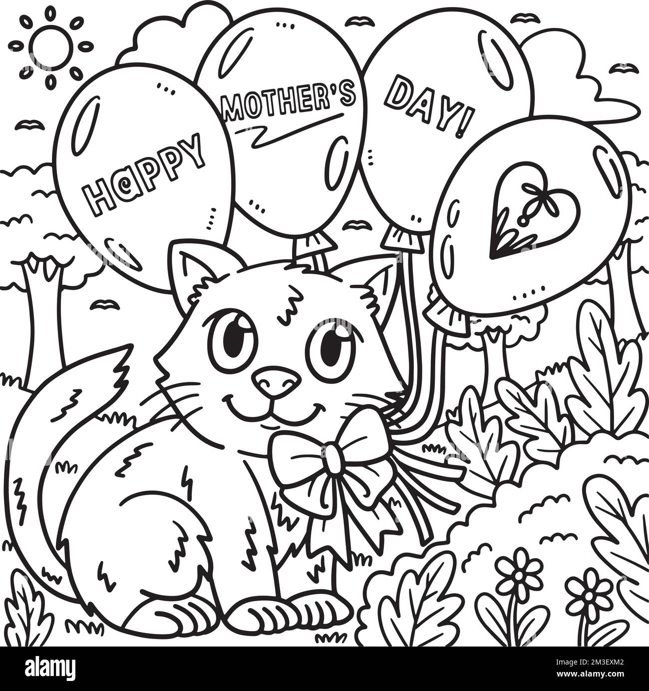Pagina da colorare di gatto e palloni per il giorno delle madri felici Illustrazione Vettoriale