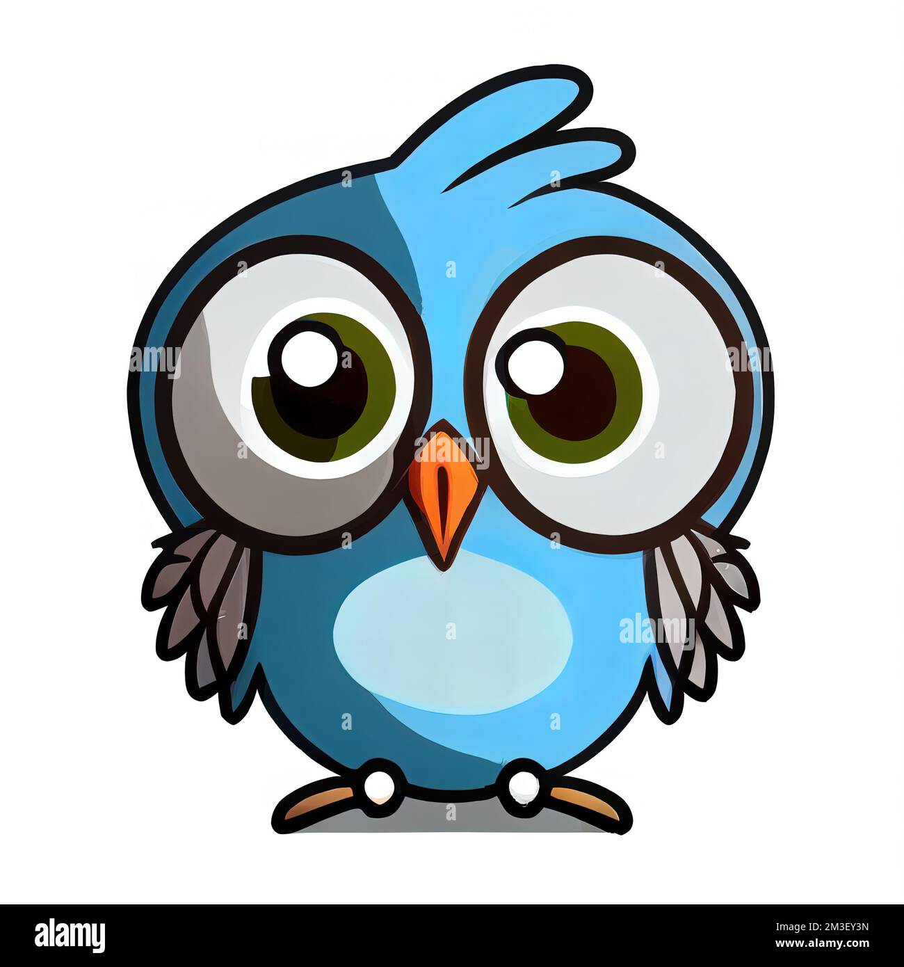 un uccello blu con grandi occhi e un grande naso è in piedi in piedi verticale con le sue ali spalancate completamente aperto e guardando la fotocamera. . Foto Stock