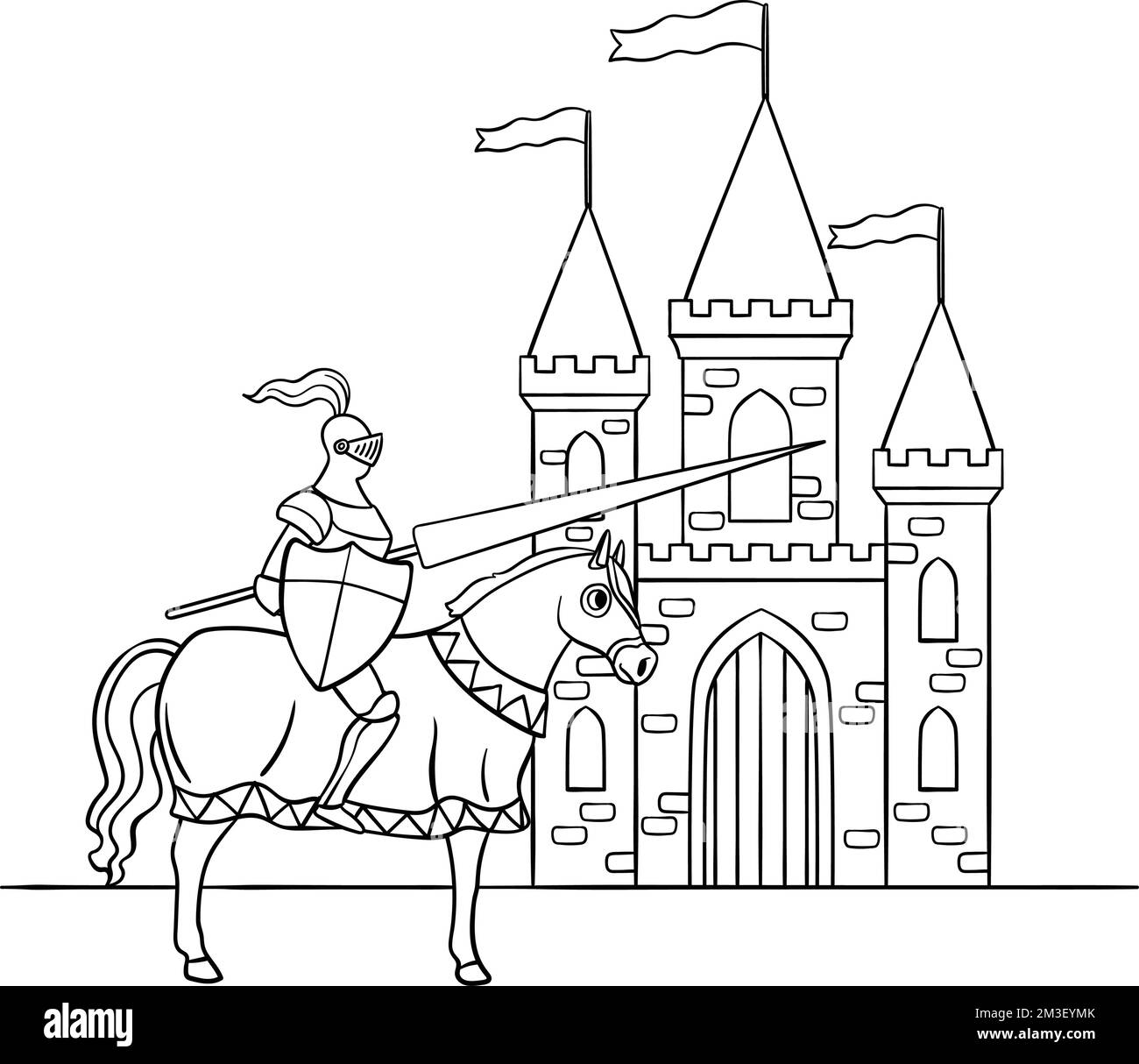 Cavaliere a cavallo di fronte al Castello isolato Illustrazione Vettoriale