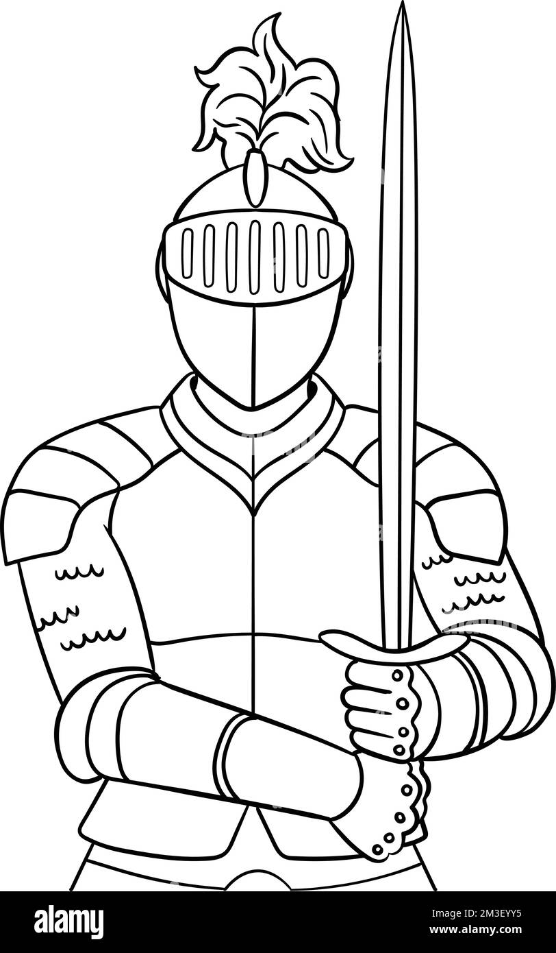 Cavaliere in armatura isolato colorazione pagina per bambini Illustrazione Vettoriale