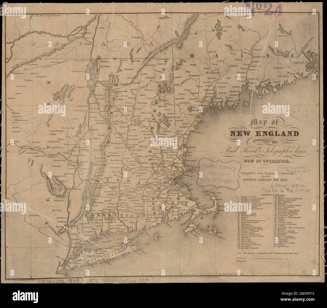 Mappa del New England che espone le linee ferroviarie e telegrafiche attualmente in funzione, Ferrovie, New England, Mappe, Ferrovie, New York state, Mappe, linee di telegrafo, New England, Mappe, Telegraph Lines, New York state, Mappe, New England, Mappe, New York state, Maps Norman B. Leventhal Map Center Collection Foto Stock