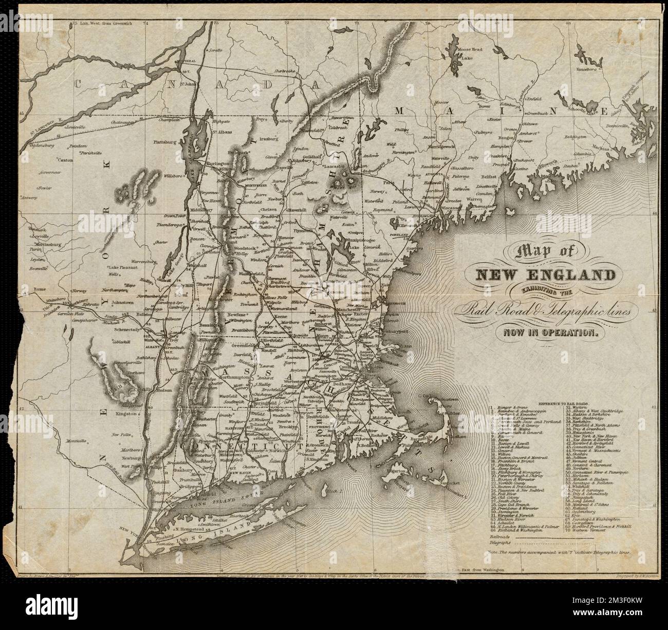 Mappa del New England che espone le linee ferroviarie e telegrafiche attualmente in funzione, Ferrovie, New England, Mappe, linee Telegraph, New England, Mappe, New England, Mappe Norman B. Leventhal Map Center Collection Foto Stock