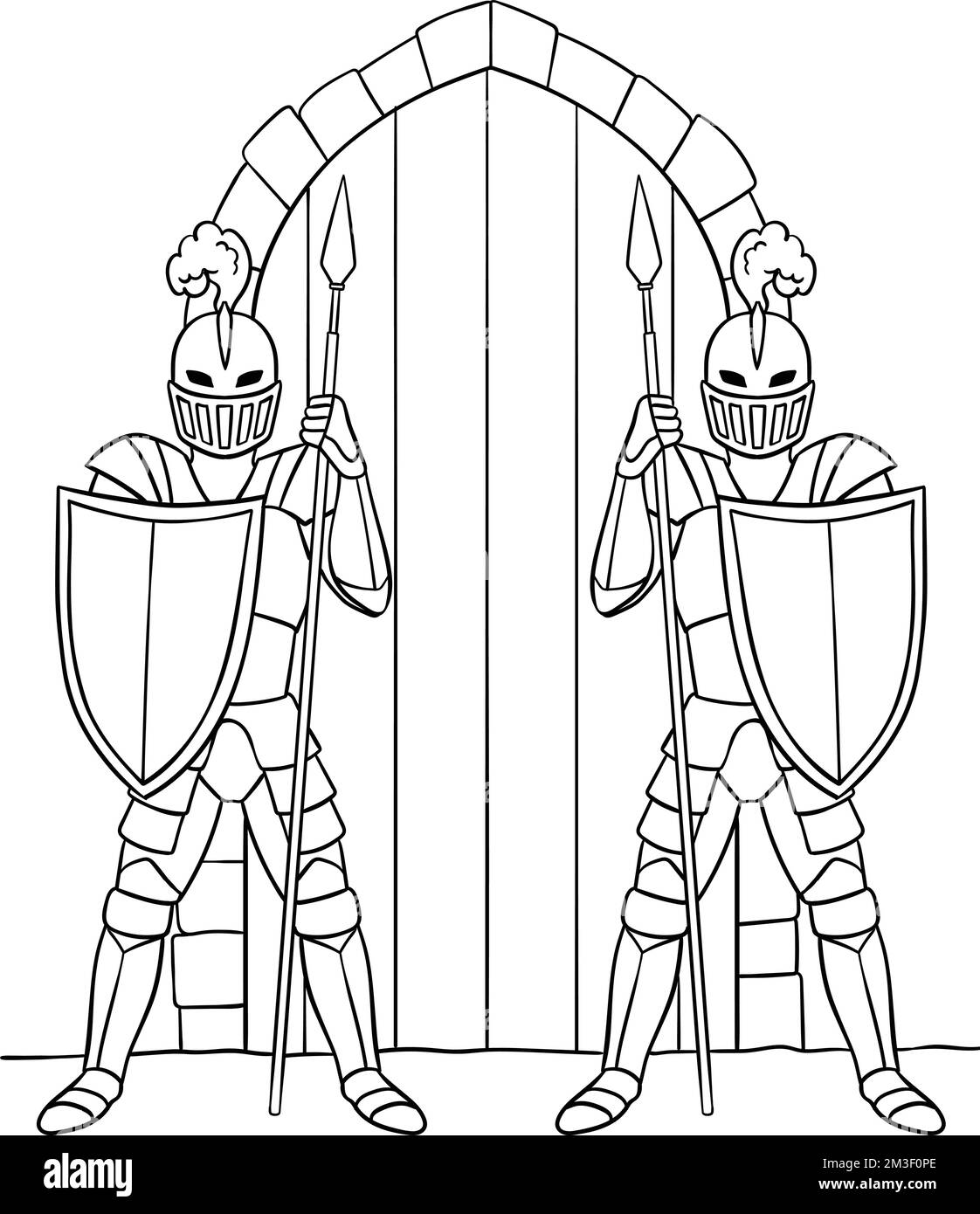 Cavaliere Guaring a Gate isolato colorazione pagina Illustrazione Vettoriale