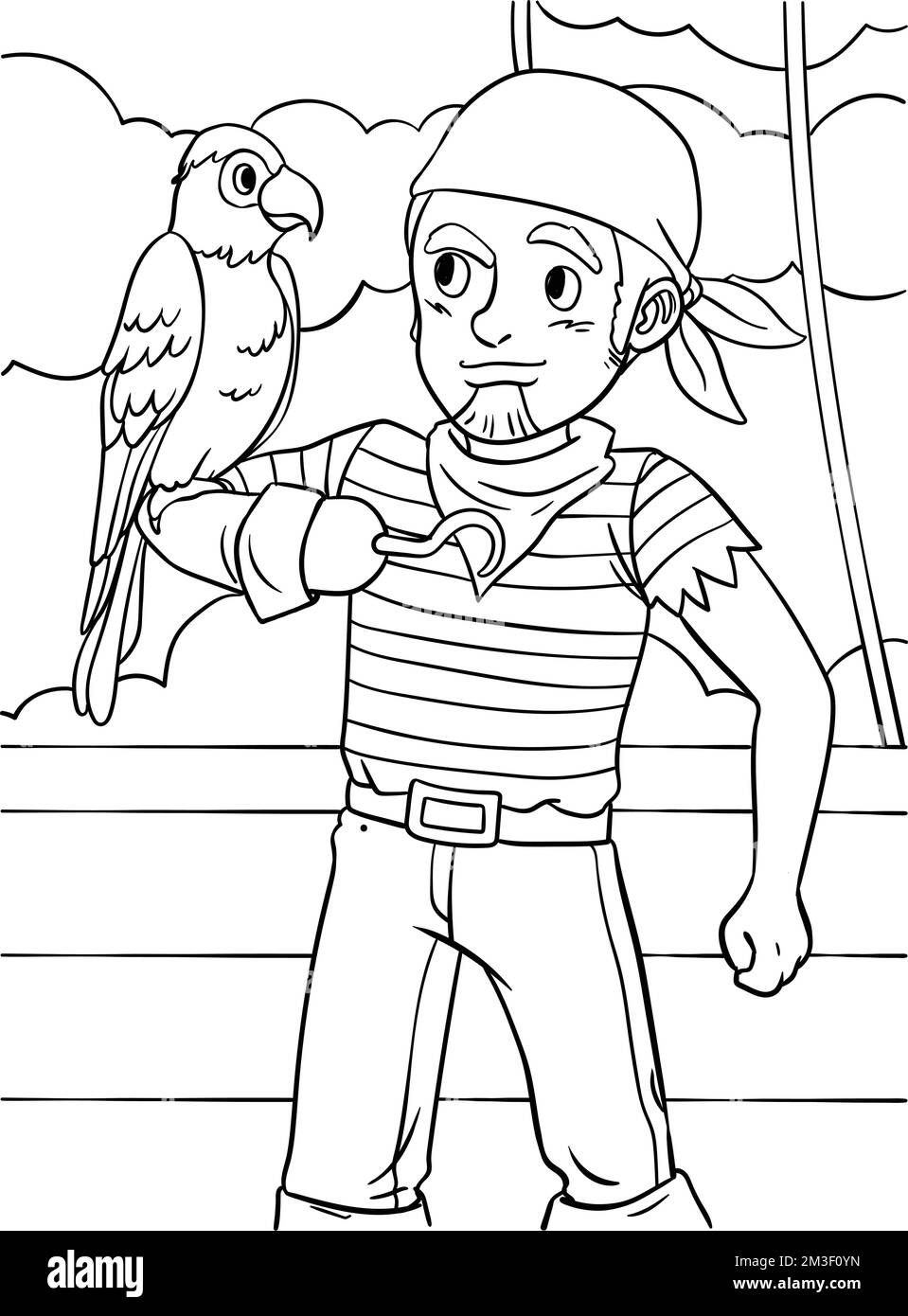 Pirata con macaw colorazione pagina per bambini Illustrazione Vettoriale