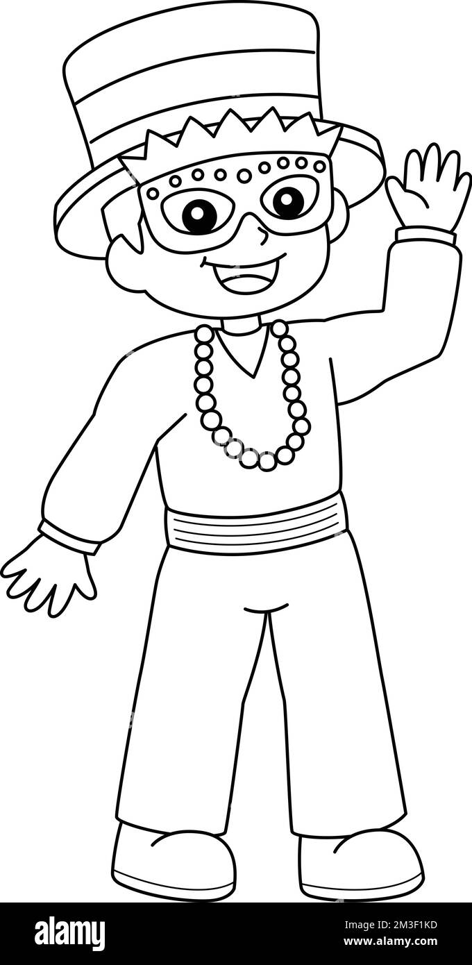 Mardi Gras Boy con maschera isolato colorazione pagina Illustrazione Vettoriale