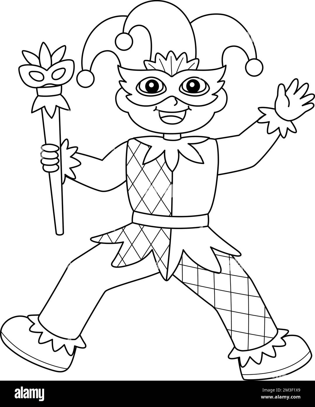 Mardi Gras Jester Boy isolato colorazione pagina Illustrazione Vettoriale