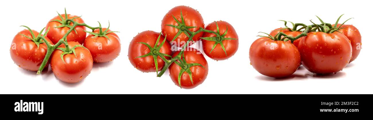 Set di immagini di mazzetto di pomodoro. Pomodoro isolato su fondo bianco. Tracciato di ritaglio. Profondità di campo completa. primo piano Foto Stock