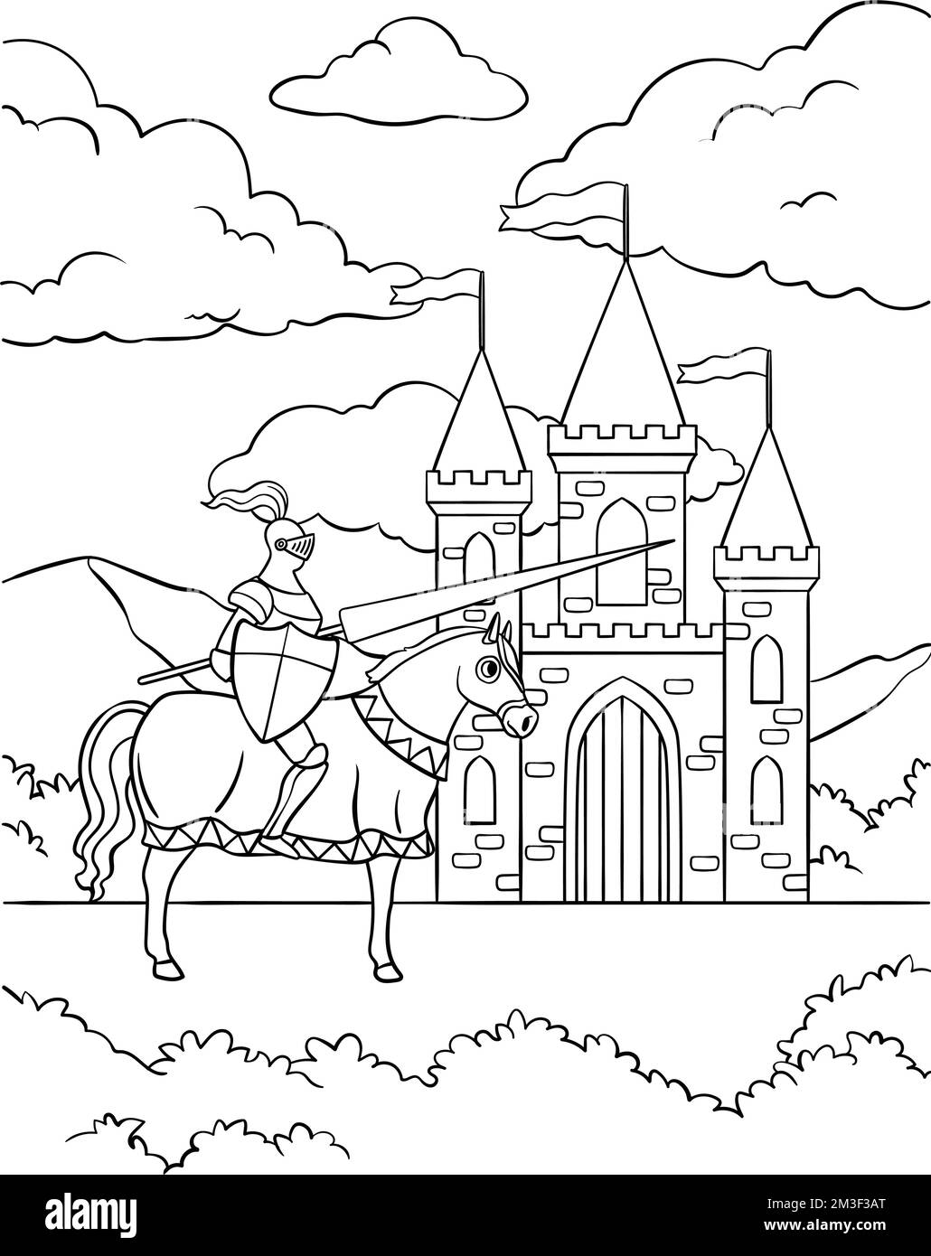 Cavaliere Equitazione di fronte al Castello colorazione Illustrazione Vettoriale