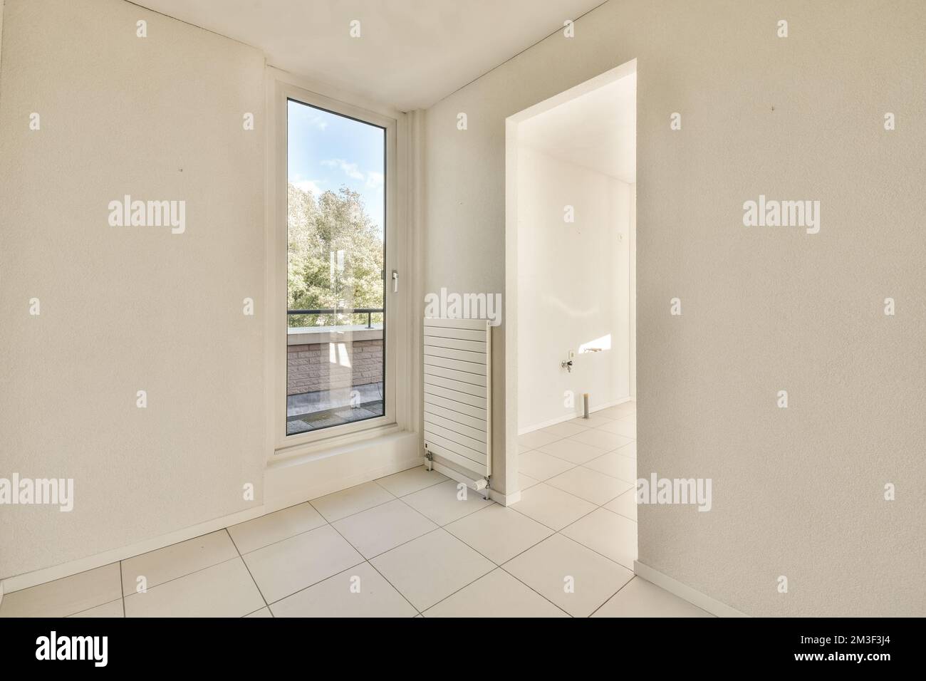 una stanza vuota con pareti bianche e pavimento piastrellato, che si affaccia sul giardino esterno dalla porta del soggiorno Foto Stock