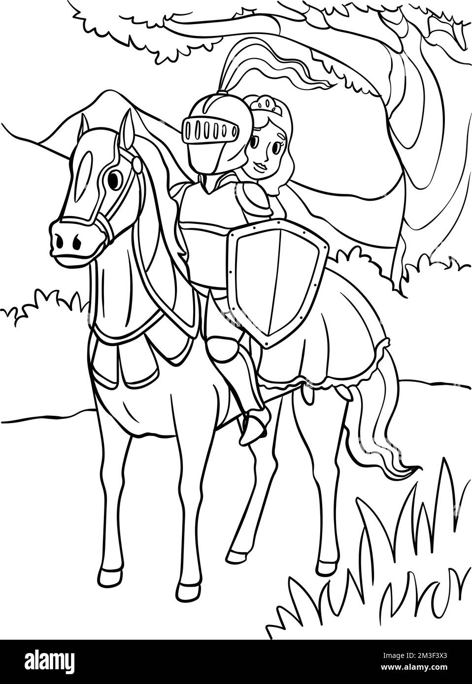 Cavaliere e principessa Equitazione di una pagina di colorazione cavallo Illustrazione Vettoriale