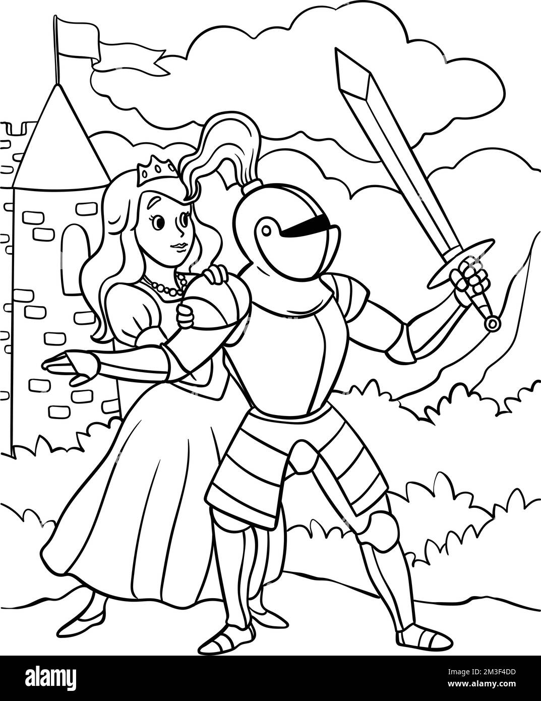 Cavaliere proteggere la principessa colorazione pagina Illustrazione Vettoriale