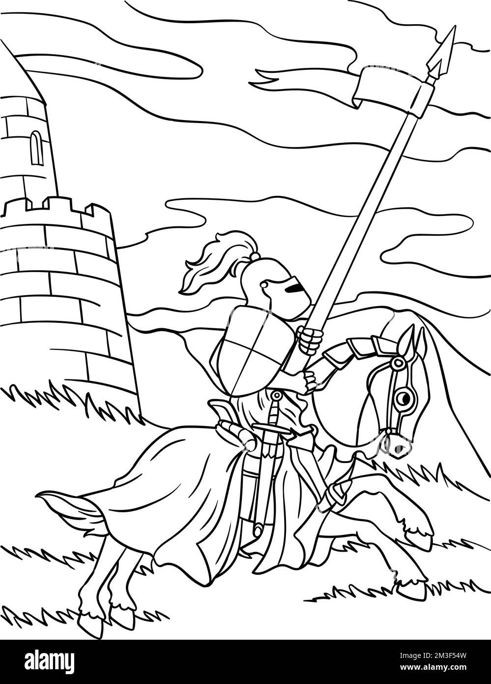 Knight Joust colorazione pagina per bambini Illustrazione Vettoriale