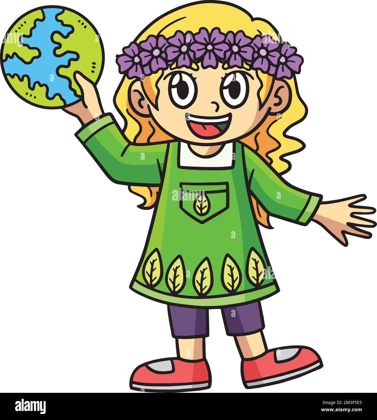 Earth Day Girl in Forest Cartoon Clipart colorato Illustrazione Vettoriale