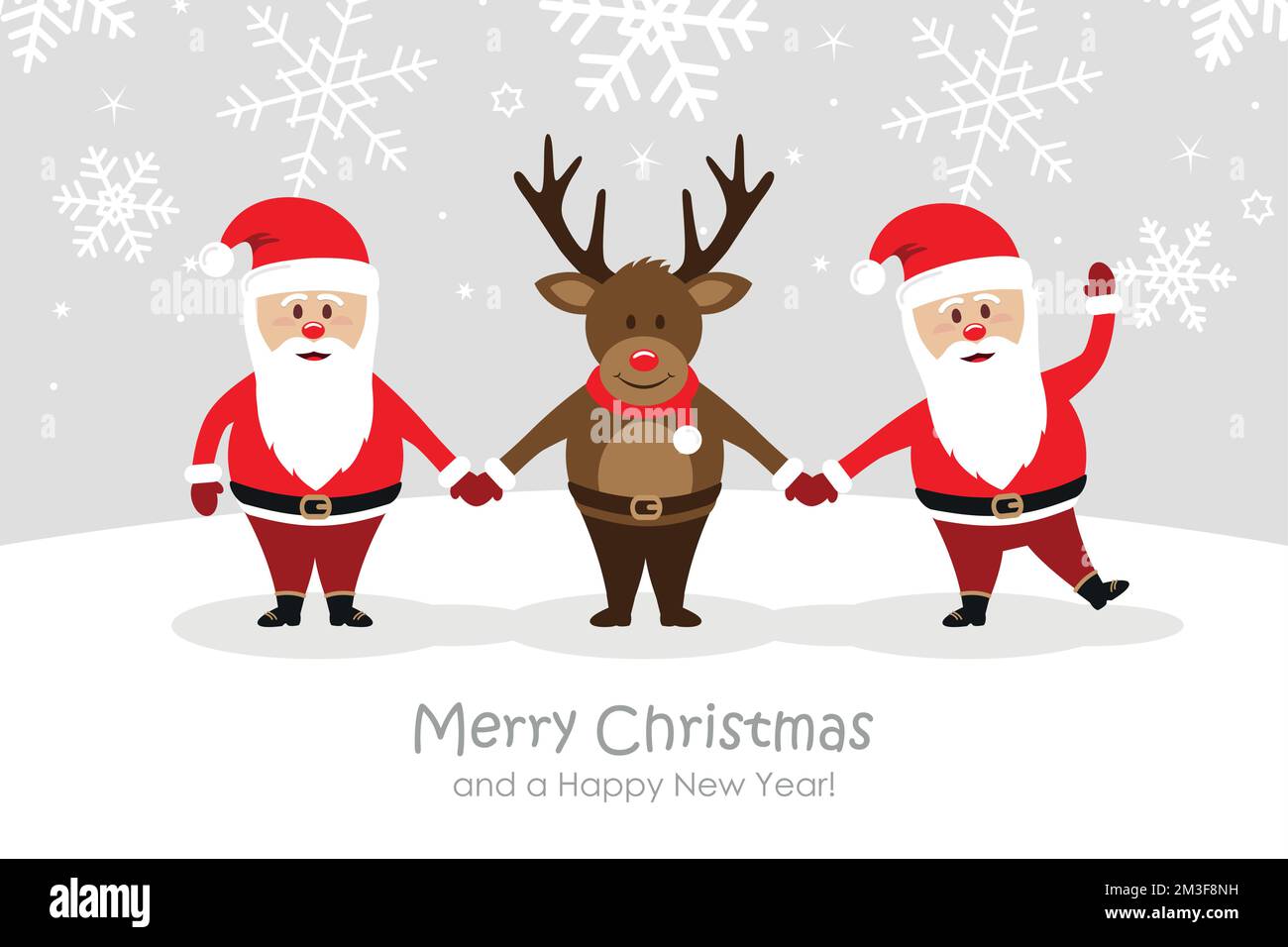 biglietto di auguri di natale con carino santa e cervo su sfondo innevato Illustrazione Vettoriale