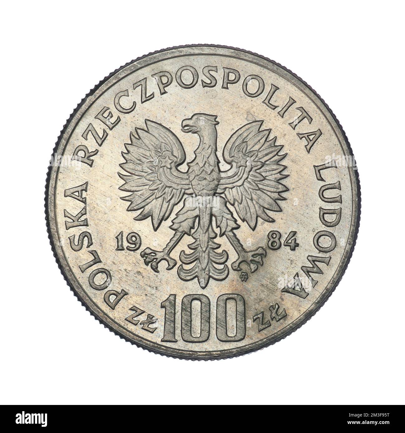 Polonia 100 zlotys, 1984 110th° anniversario della nascita di Wincenty Witos su sfondo bianco Foto Stock