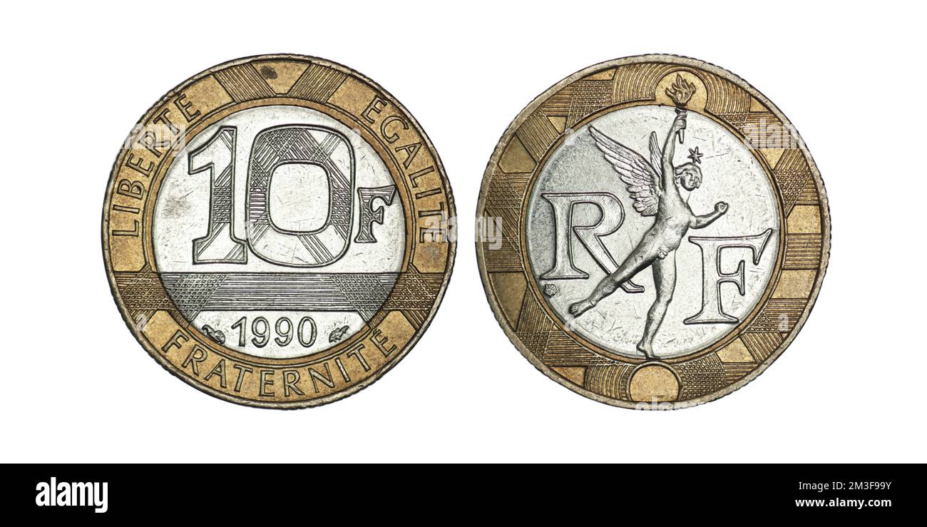 Francia 10 franchi, 1988-2001 su sfondo bianco Foto Stock