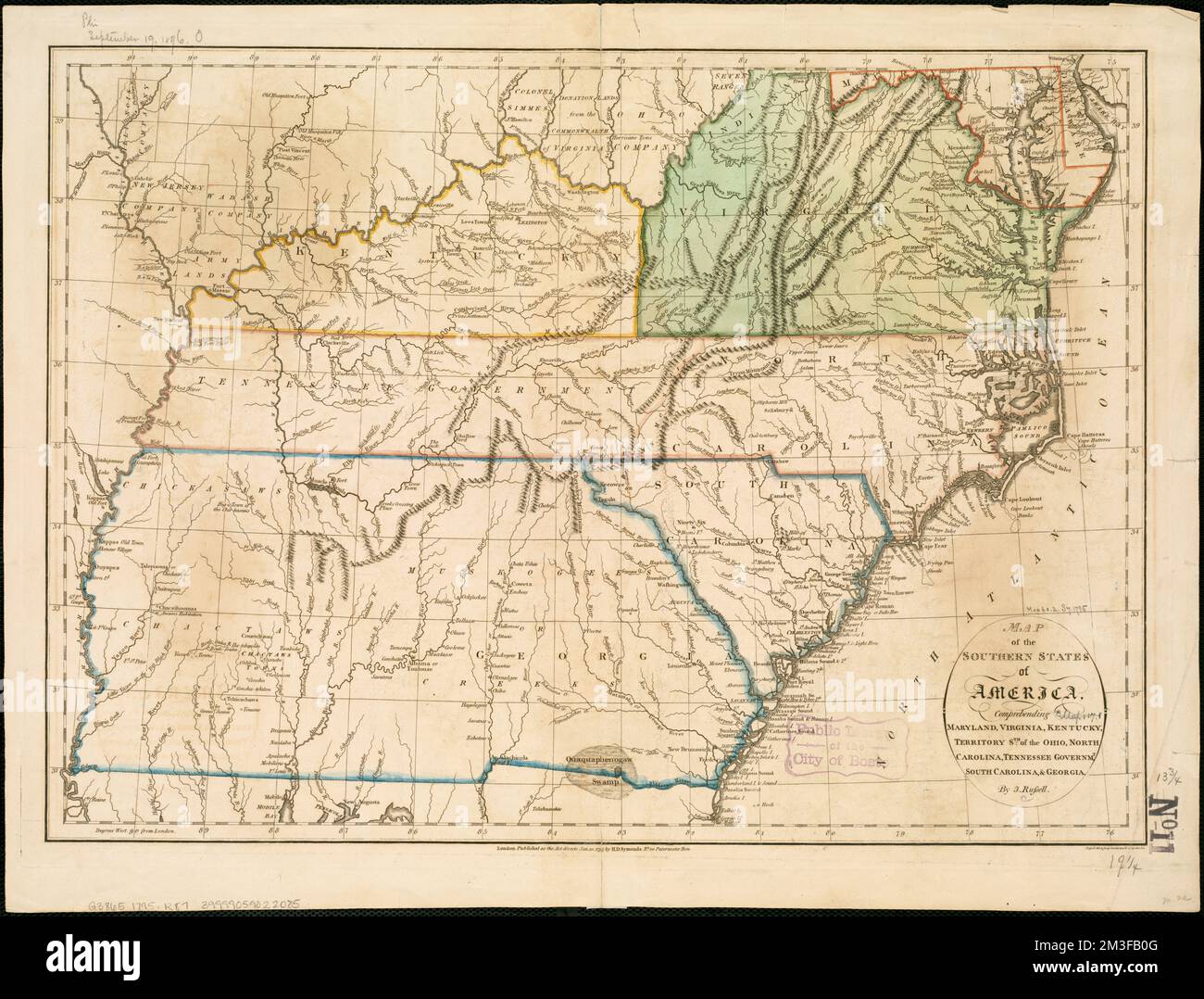 Mappa degli stati meridionali dell'America, che comprende Maryland, Virginia, Kentucky, territorio s'th dell'Ohio, Carolina del Nord, Tennessee Governm't., Carolina del Sud, & Georgia , Southern States, Maps, prime opere di Norman B. Leventhal Map Center Collection 1800 Foto Stock