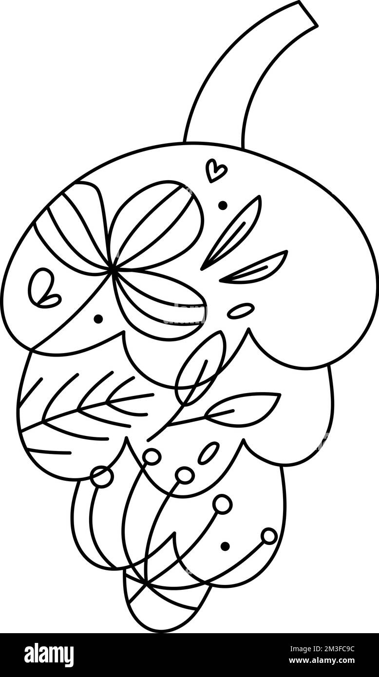 Cute mano disegnata bambino vettore Natale cono linea inverno con linea bacche, rami struttura. Icona dell'avvento di Natale illustrazione del contorno per il biglietto d'auguri Illustrazione Vettoriale