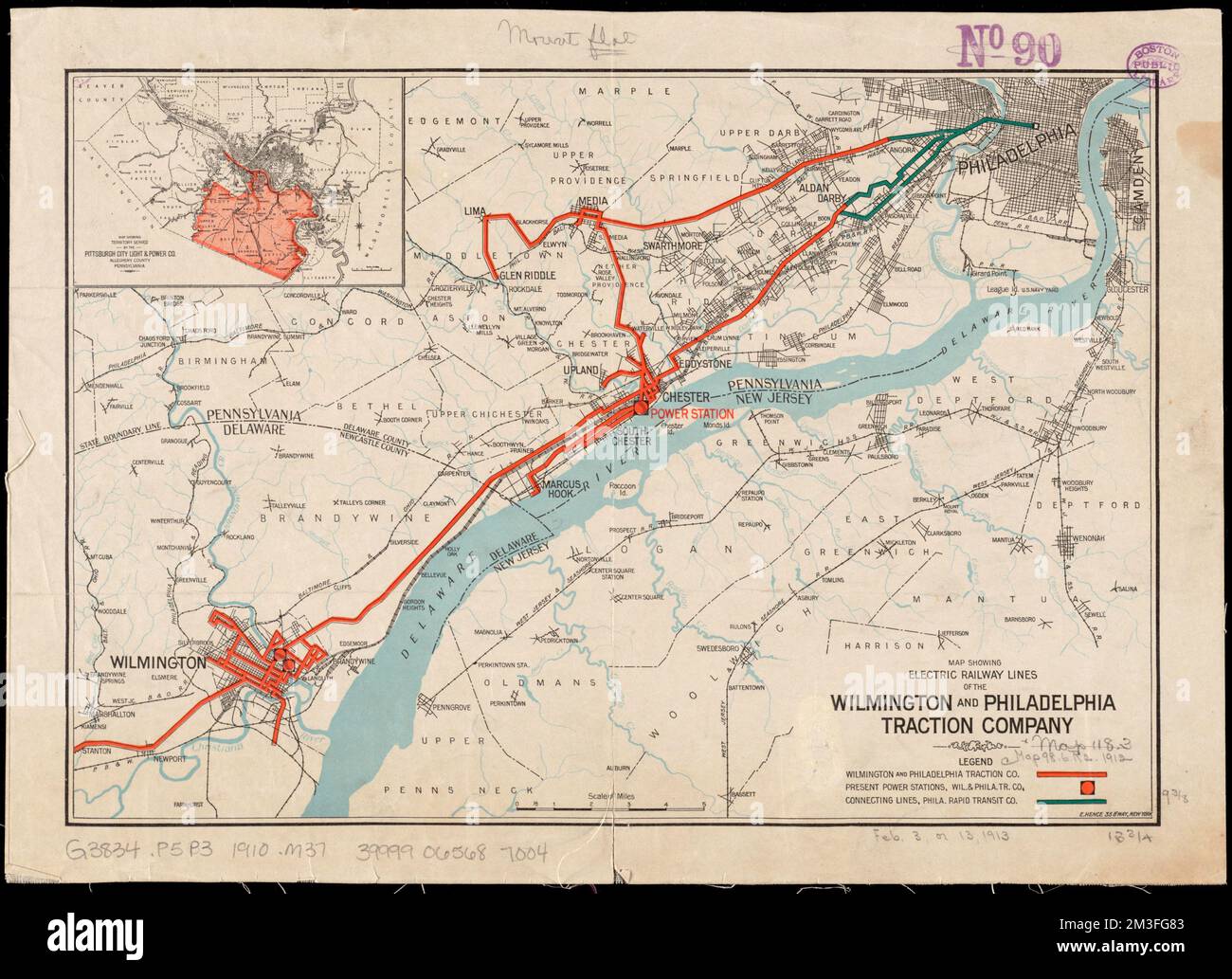 Mappa che mostra le linee ferroviarie elettriche della Wilmington and Philadelphia Traction Company , Wilmington & Philadelphia Traction Company, Mappe, sottostazioni elettriche, Delaware, Wilmington, Mappe, Street-railroads, Pennsylvania, Filadelfia, Mappe, Street-railroads, Delaware, Wilmington, Mappe, servizi elettrici, Pennsylvania, Pittsburgh, Mappe, Pittsburgh Pa., Mappe, Wilmington del, Mappe, Philadelphia Pa., Mappe, Philadelphia Metropolitan Area Pa., Mappe Norman B. Leventhal Map Center Collection Foto Stock