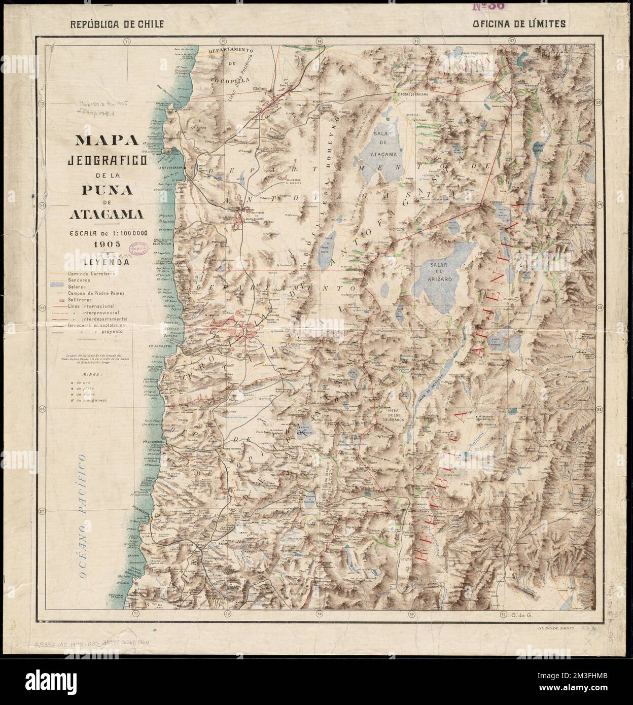 Mapa jeografico de la Puna de Atacama , Atacama Plateau Argentina e Cile, Mappe Norman B. Leventhal Map Center Collection Foto Stock