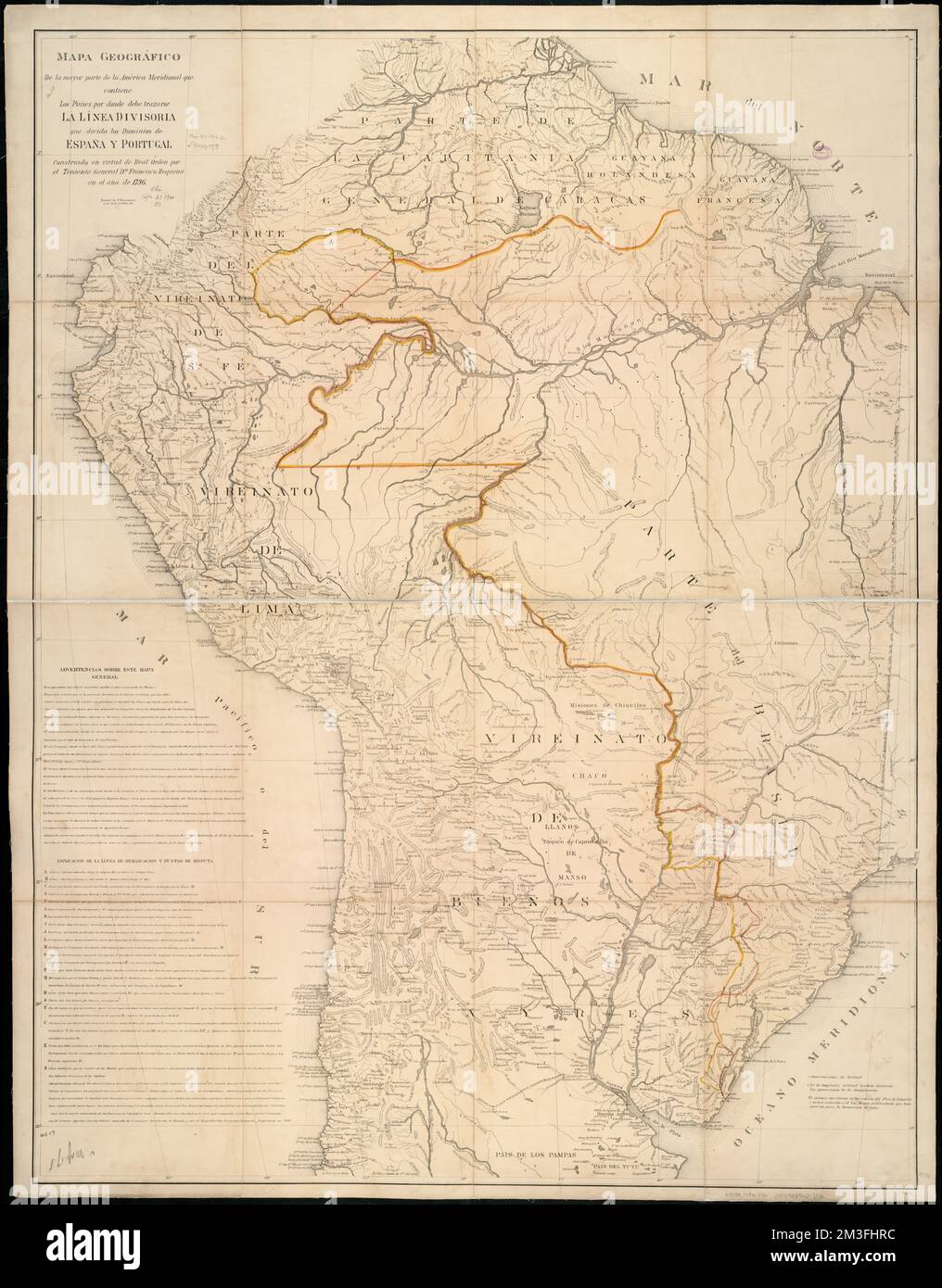 Mapa geográfico de la mayor parte de la América Meridional que contiene los paises por donde debe trazarse la línia divisoria que divida los dominios de España y Portugal : construido en virtud de real órden por el teniente General Dn. Francisco Requena , Sud America, Mappe, prime opere di Norman B. Leventhal Map Center Collection 1800 Foto Stock