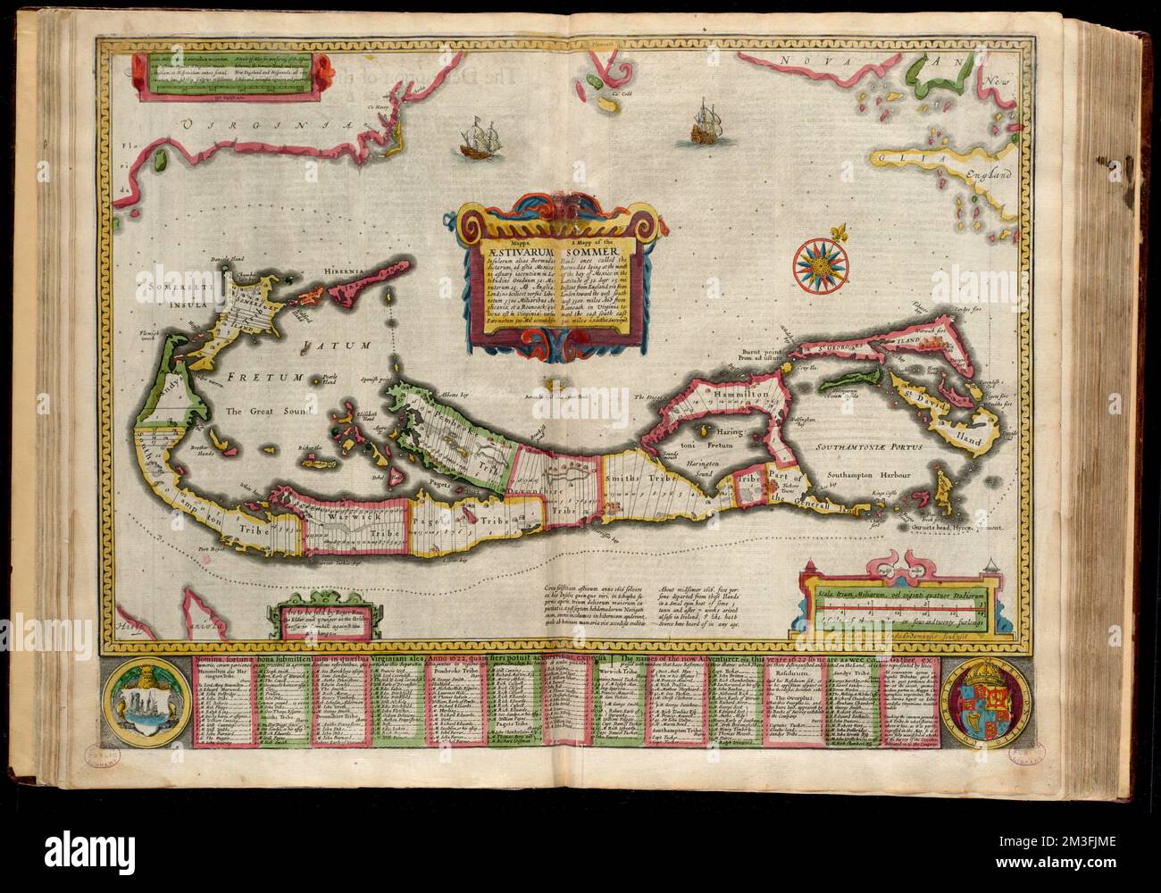 Mappa æstivarum insularum alias Bermudas dictarum, ad ostia Mexicani æstuary iacentium in latitudine graduum 32 minutorum 25 ab Anglia, londino cilicet versus libonotum 3300 miliaribus anglicanis, et a Roanoack (qui locus est in Virginia) versus Euronotum 500 mil. descr. accurata - Un mapp delle isole Sommer una volta chiamava le Bermudas che giacciono alla foce della baia del Messico nella latitudine di 32 ddr. 25 km circa Distante dall'Inghilterra, vale a dire da Londra verso ovest sud-ovest 3300 miglia e da Roanoack in Virginia verso est sud-est 500 miglia esactlie rilevate, proprietari terrieri, Bermuda Isla Foto Stock