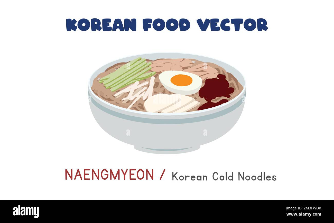 Korean Naengmyeon - Korean Cold Noodles disegno vettoriale piatto illustrazione, stile di cartone animato di clipart. Cibo asiatico. Cucina coreana. Zuppa di noodle fredda coreana Illustrazione Vettoriale