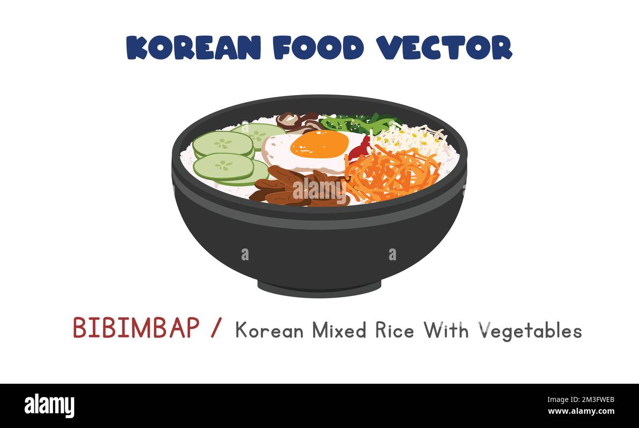 Coreano Bibimbap - Coreano misto riso con verdure e uovo disegno vettoriale piatto, clipart stile cartone animato. Cibo asiatico. Cucina coreana Illustrazione Vettoriale