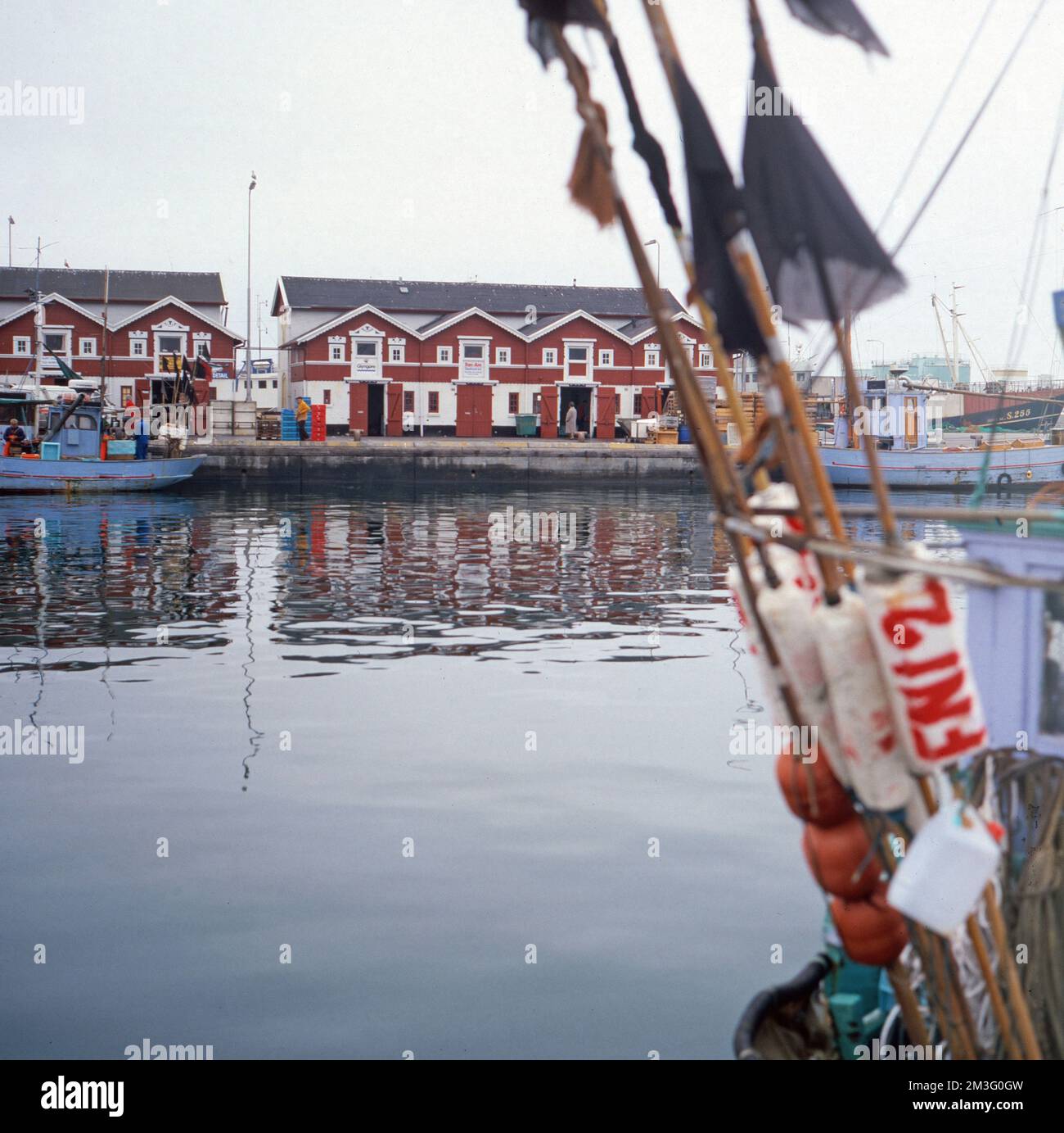 Lagerhäuser im Fischereihafen von Frederikshavn, Dänemark um 1987. Magazzini al porto di pescatori di Frederikshavn, Danimarca intorno al 1987. Foto Stock