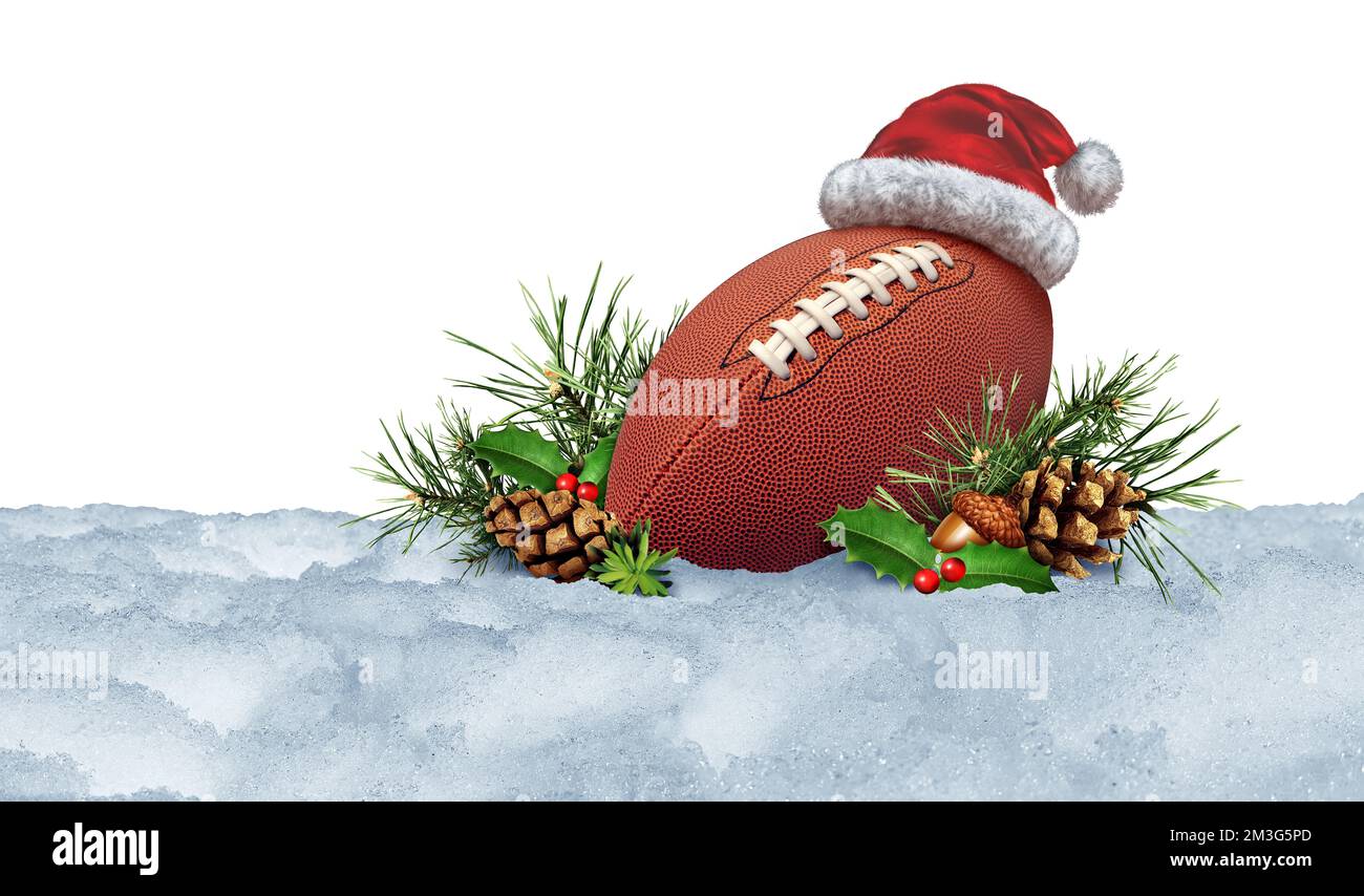 Inverno Calcio e Natale vacanze sport come uno sport americano durante la stagione fredda o campo obiettivo e touchdown su un campo con neve e pino Foto Stock
